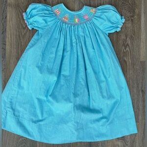 Amanda Remembered Smocked Dress Girls Size 4 Teal Purse Embroidery
